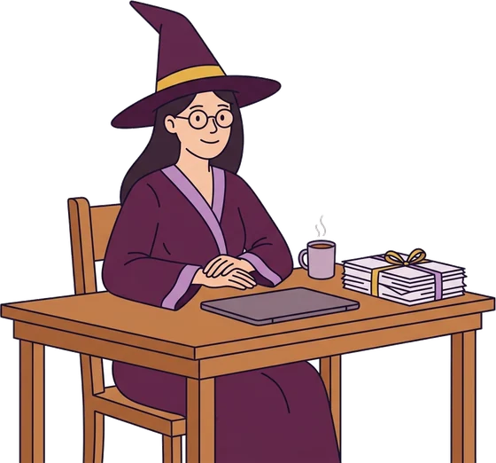 The Report Alchemy alchemist at her desk with a finished stack of reports and a mug of tea.