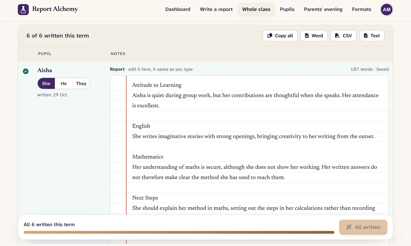The Whole class page after a class has been written: each pupil has a finished report under the school's headings, with buttons to copy them all or download them as a Word file.