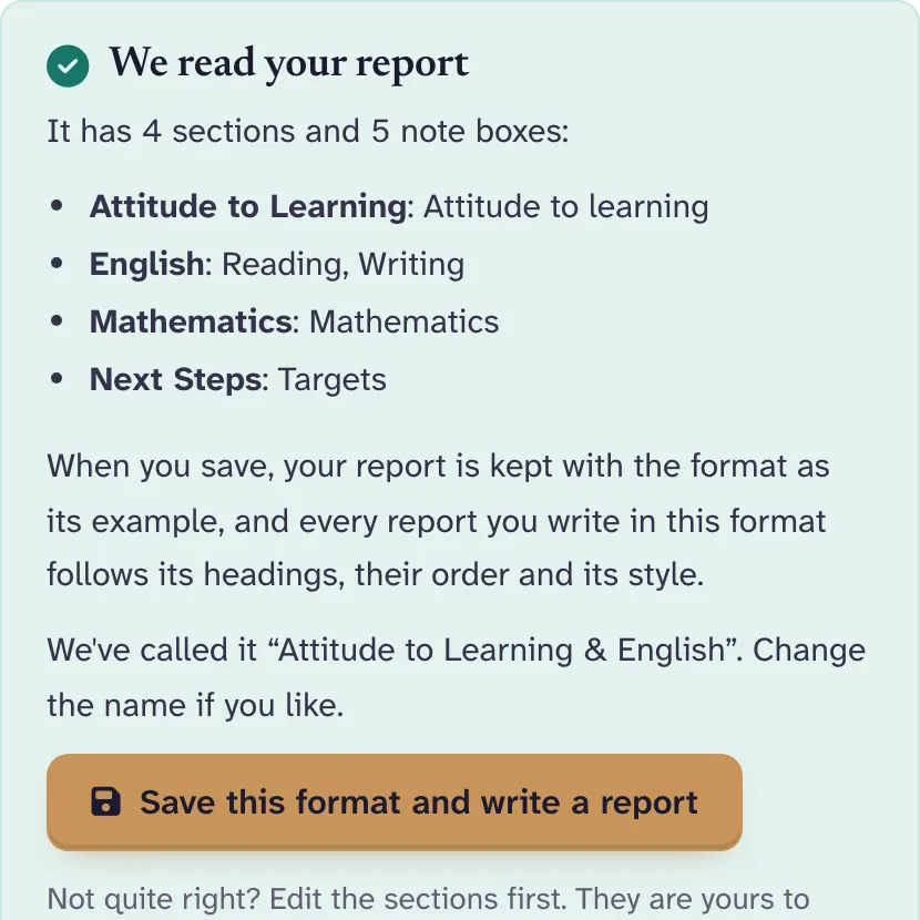 After pasting a report: 'We read your report. It has 4 sections', listing Attitude to Learning, English, Mathematics and Next Steps.