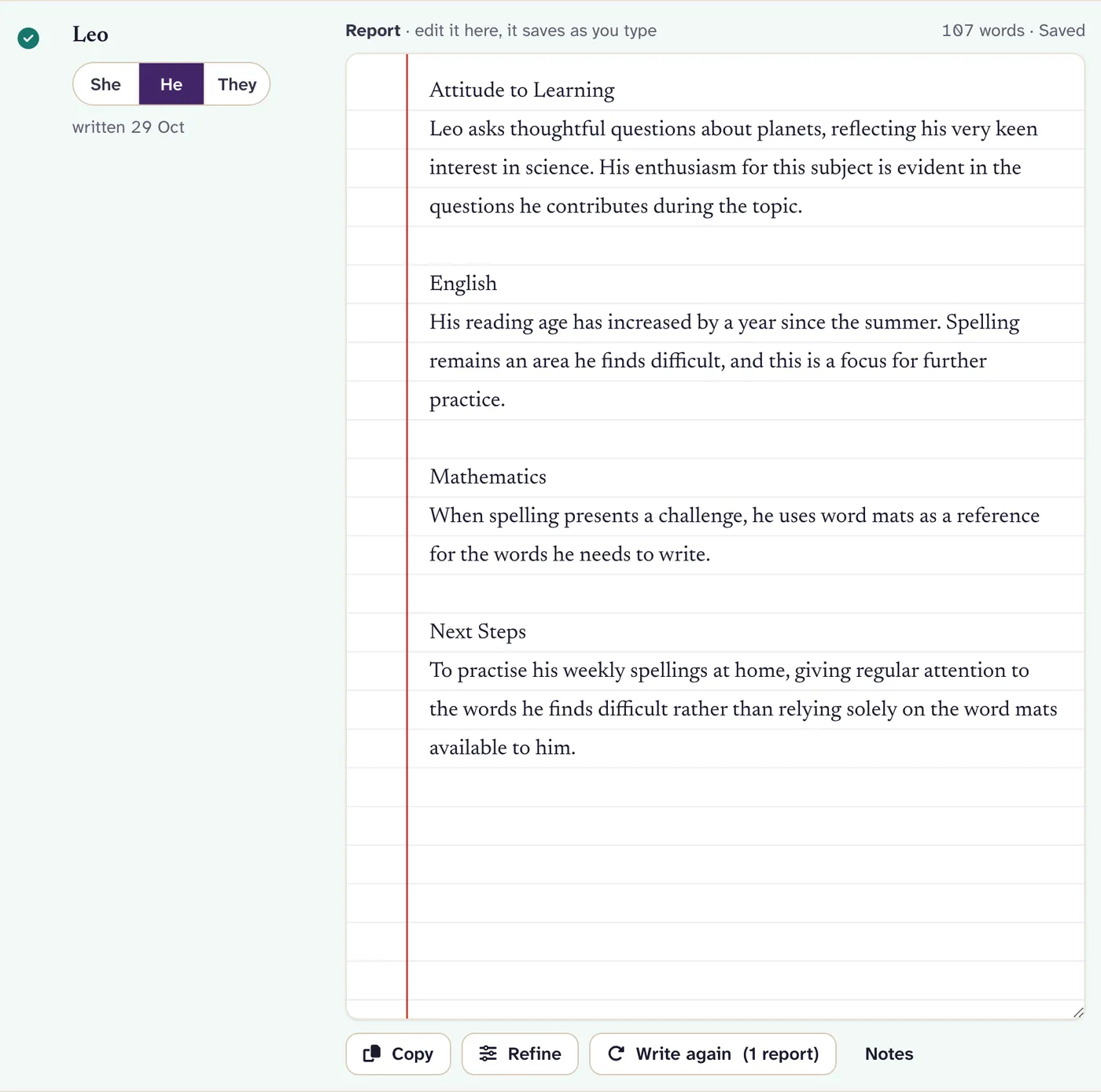 One finished report under the four headings from the pasted report, with buttons to copy, refine or write it again.